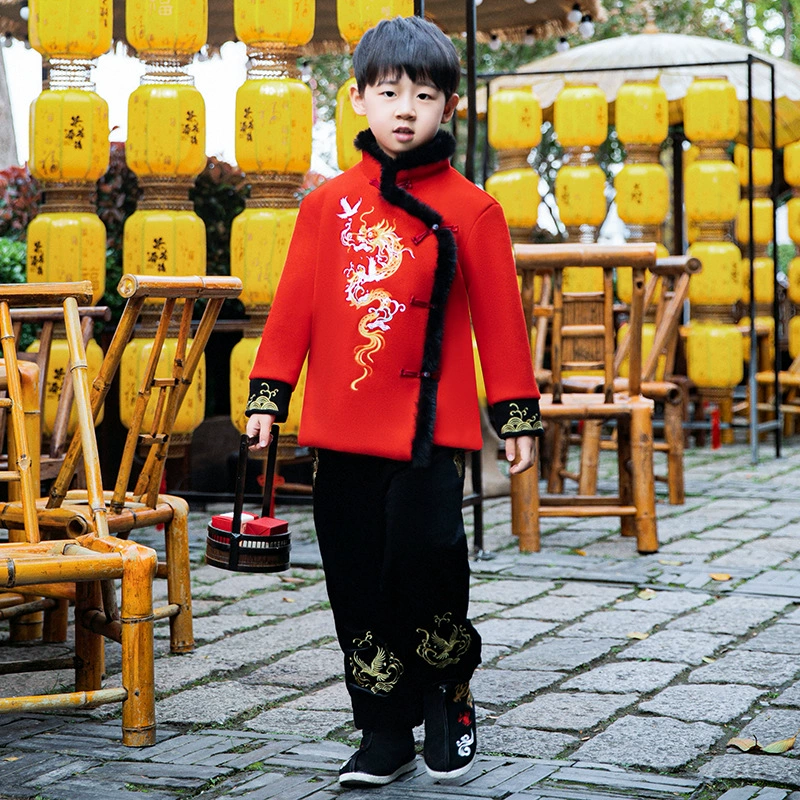 Мальчик Hanfu 2024, новый зимний утолщенный костюм Тан с флисовой подкладкой, детское сокровище для мальчика, Детская Новогодняя праздничная одежда