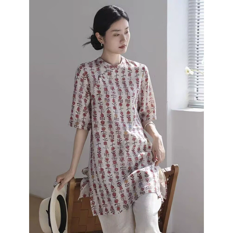 Летняя новая стильная рубашка в национальном стиле с принтом на пуговицах, льняная футболка со средним рукавом, женские универсальные повседневные топы, женская одежда