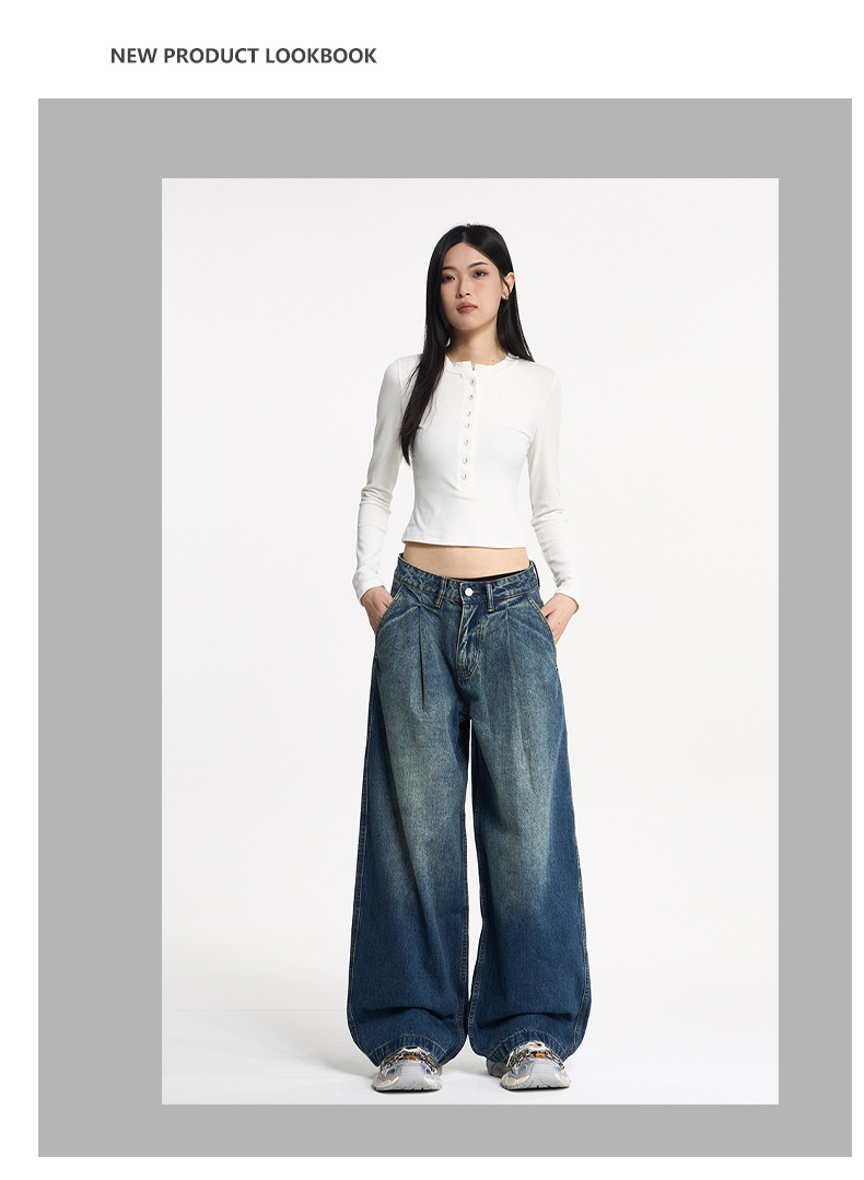 LKTM Vintage Washed Color-Fade Bamboo Jeans Wide Leg Trousers Retro American Style for Men And Women_viptrois.com