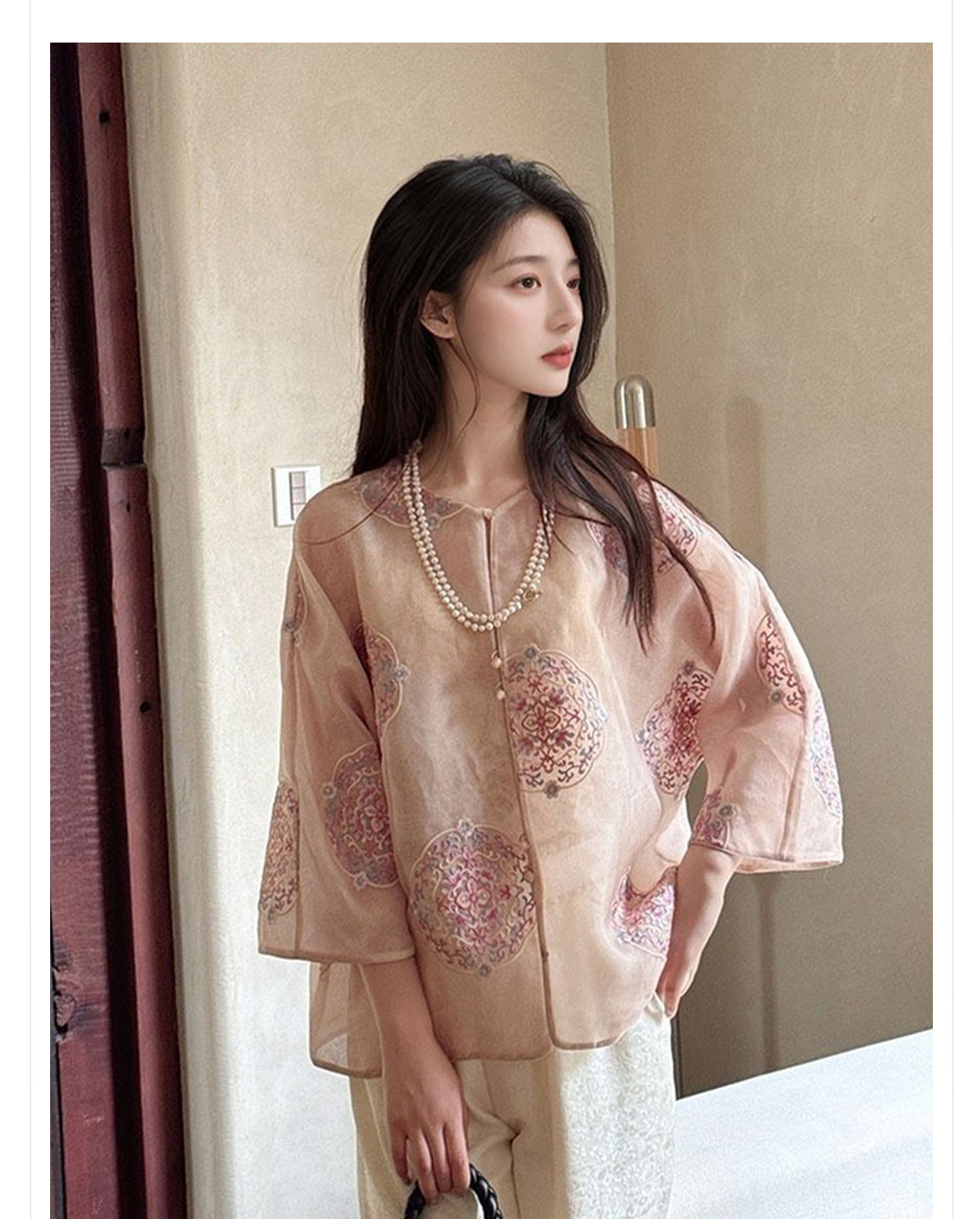 Áo sơ mi lụa tơ tằm dáng rộng phong cách Trung Quốc mới, thiết kế cao cấp mỏng mùa hè M6032 — Màu hồng chi tiết 2