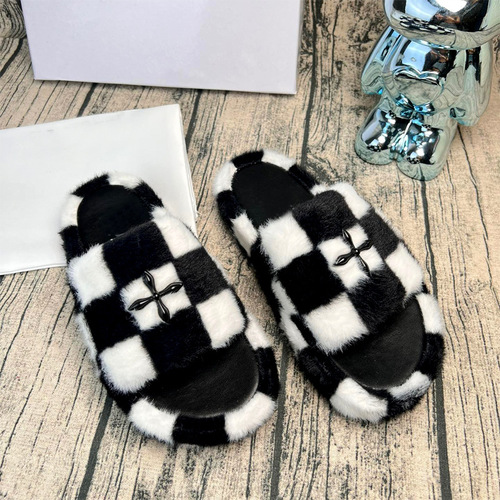 Cross-Strap Plush Shoes for Women -  New Model Heel Lift Outerwear Flat Sole Home Black Lamb Wool Fleece One-Sided Slippers
