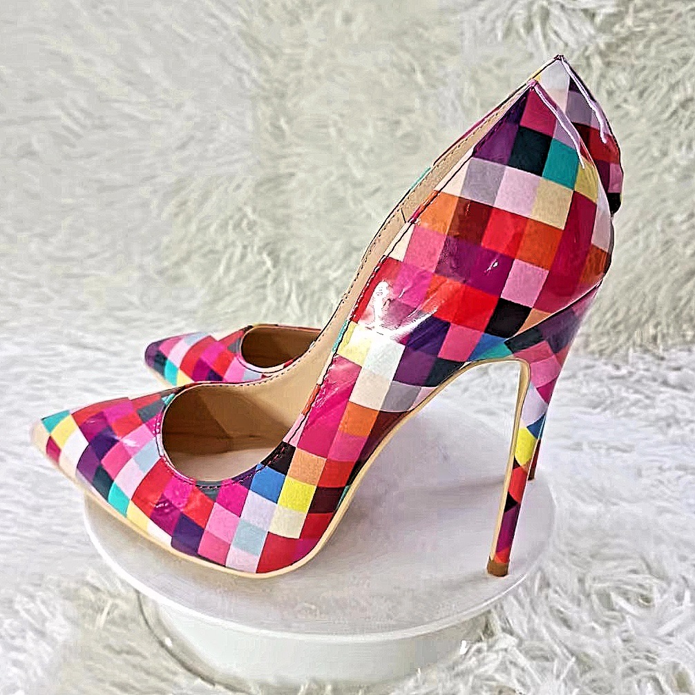 AliExpress ebay Amazon 12cm stiletto heel color plaid high heels pointed toe large size ink multicolor women's shoes
