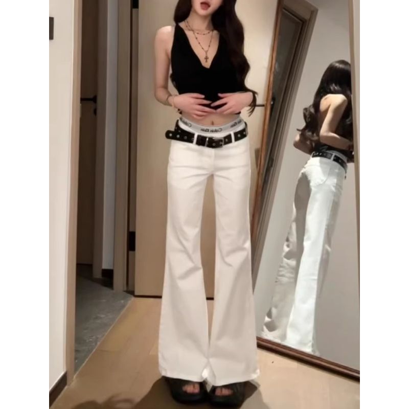 White Low-Waist Micro-Flared Jeans for Women in Autum New Style American Retro Loose Slimming Look Wide-Leg Floor-Length Pants