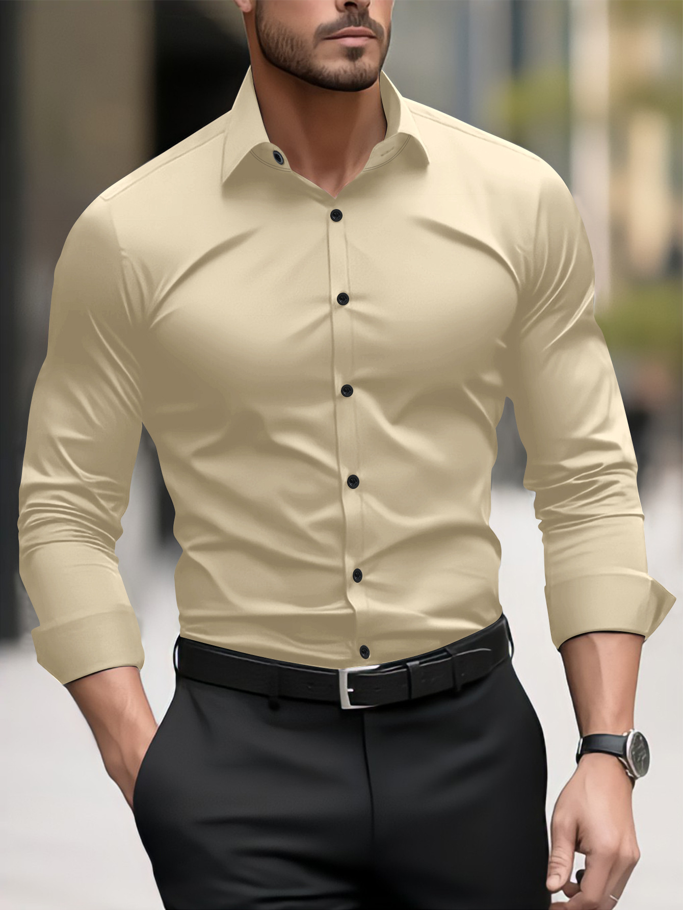 Men's Clothing Fashion Business Casual Pigment Men's Long Sleeved Shirt Red_voghion.com
