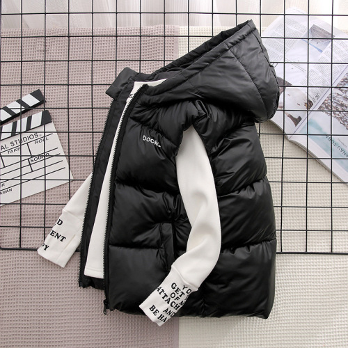 Children's new wash-free down cotton vest with hood for autumn and winter, unisex, for big and small children, outerwear style lapel jacket