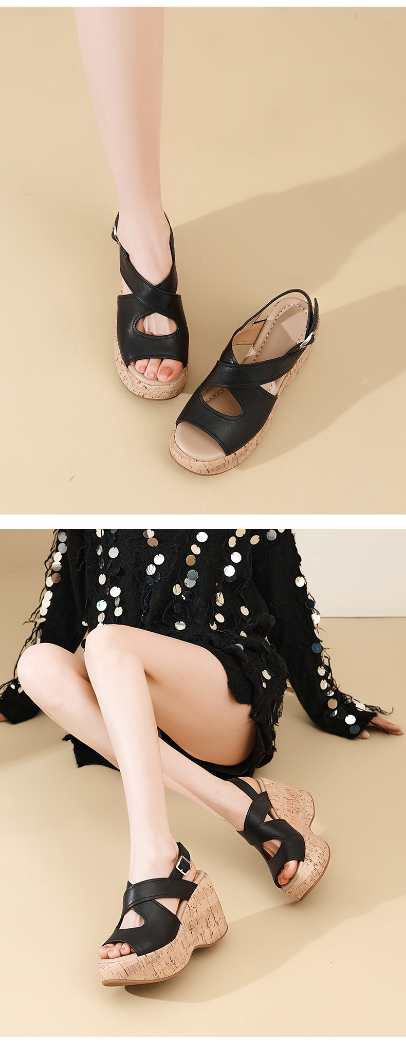 Sandal cao gót nữ hở mũi đế xuồng platform da bò thật quai chéo kiểu La Mã — màu đen, màu nâu nhạt chi tiết 8
