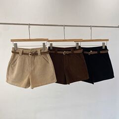 配皮带高腰灯芯绒短裤女春秋新款韩版时髦百搭显瘦a字休闲阔腿裤