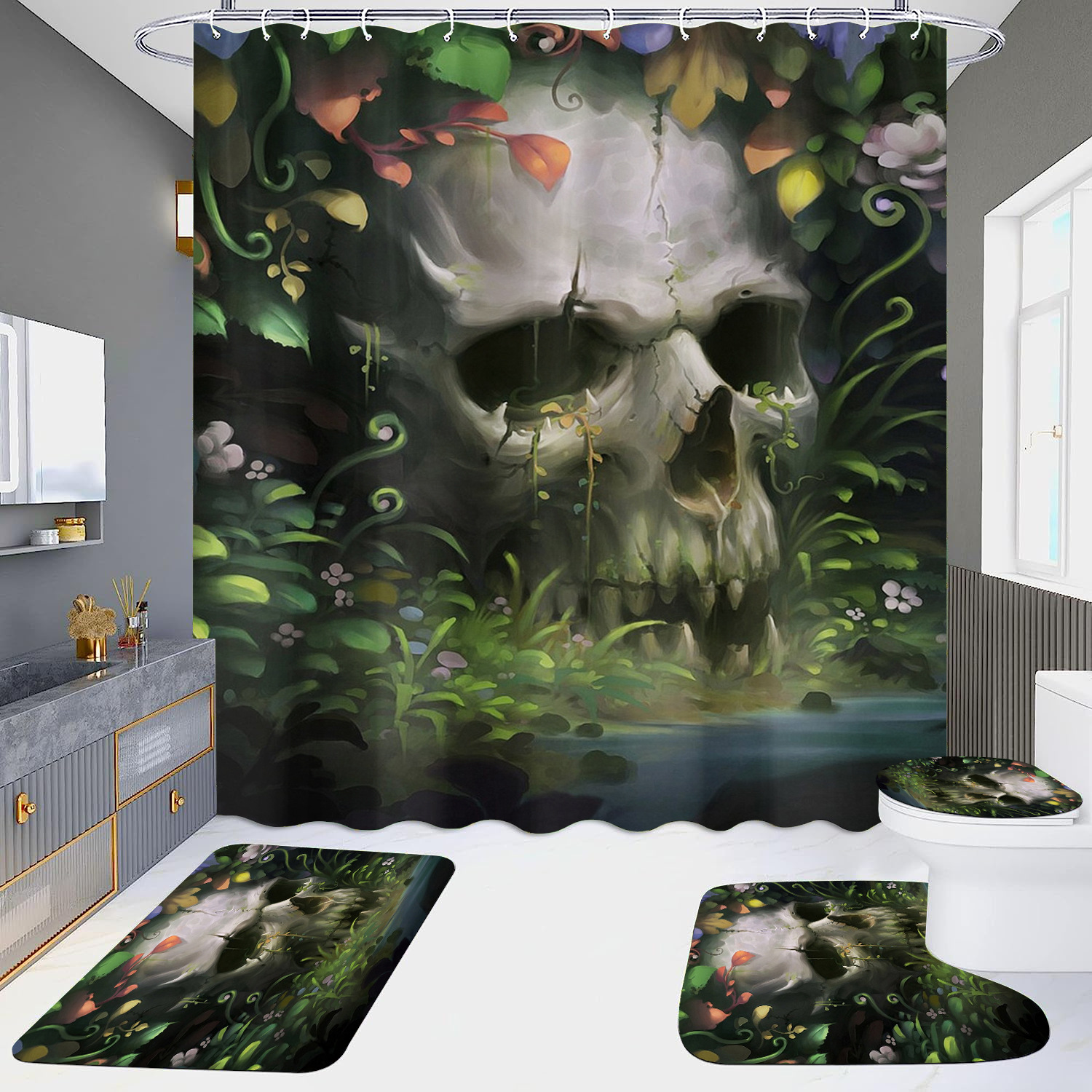 Cortina de ducha de suministro directo transfronterizo conjunto de cuatro piezas hd impermeable sin perforaciones baño hotel baño partición cortina wansheng cráneo