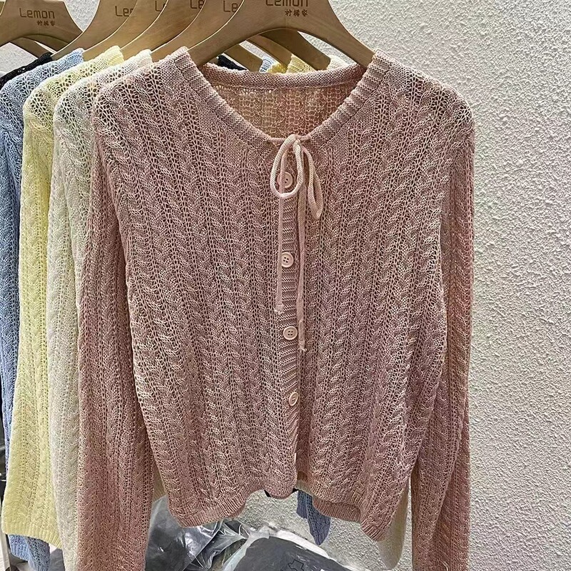 V-Neck Lace-Up Bow Hollow Knitwear Summer Design Sense Long-Sleeved Sunscreen Blouse Cardigan French Top for Women