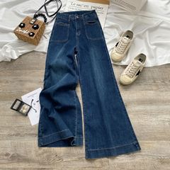 レトロな青い足のジーパンの女性の春と秋の韓国版の高い腰はゆったりしていて痩せています。