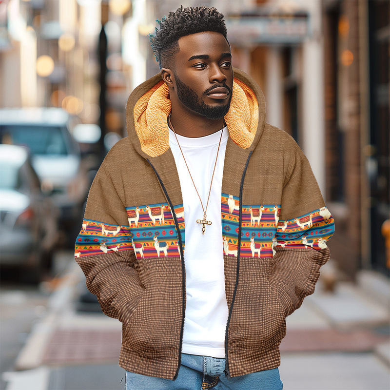 Men's Zip-Up Hoodie, Winter Thick Parka Coat, Ethnic Tribal Pattern Jacket, Windbreaker, Sweatshirt, Outerwear
