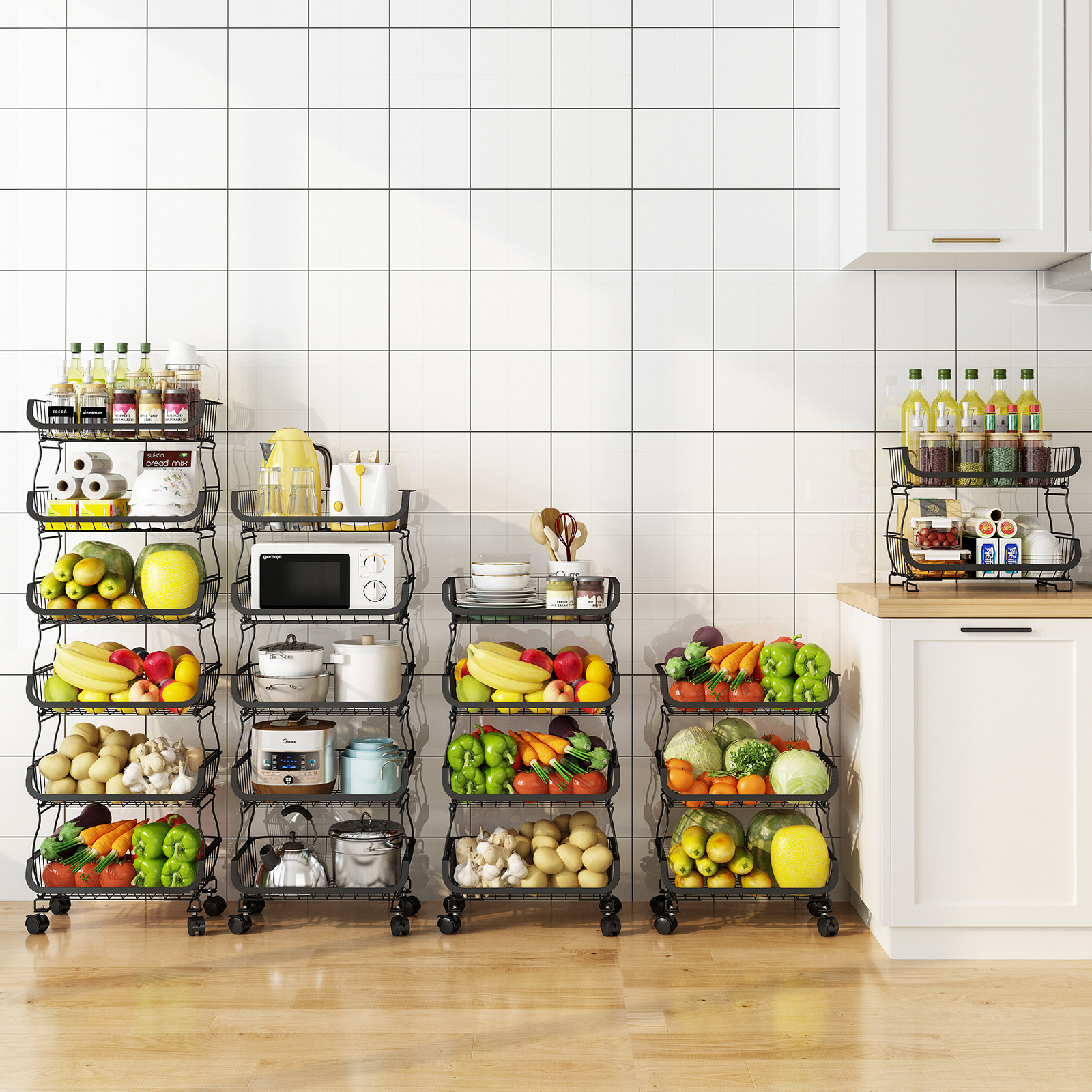 Cocina estante de almacenamiento de verduras y frutas estante de almacenamiento de carro de piso hogar móvil apilable cesta de almacenamiento de artículos diversos de verduras y frutas
