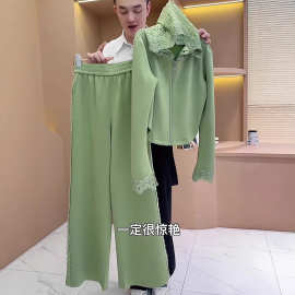 大码女装新型运动风直筒长裤一整套拉链开衫连帽绿色长袖两件套女
