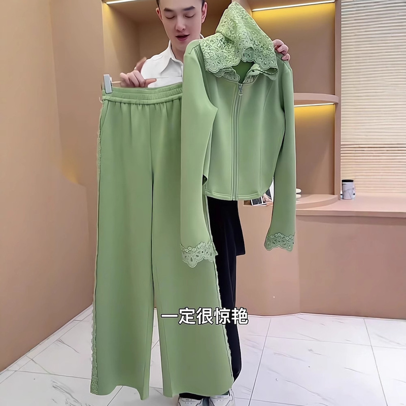 plus size Women's New Style Sports Style Straight Trousers Set of Zipper Cardigan Hooded Green Long Sleeve Two-Piece Set for Women