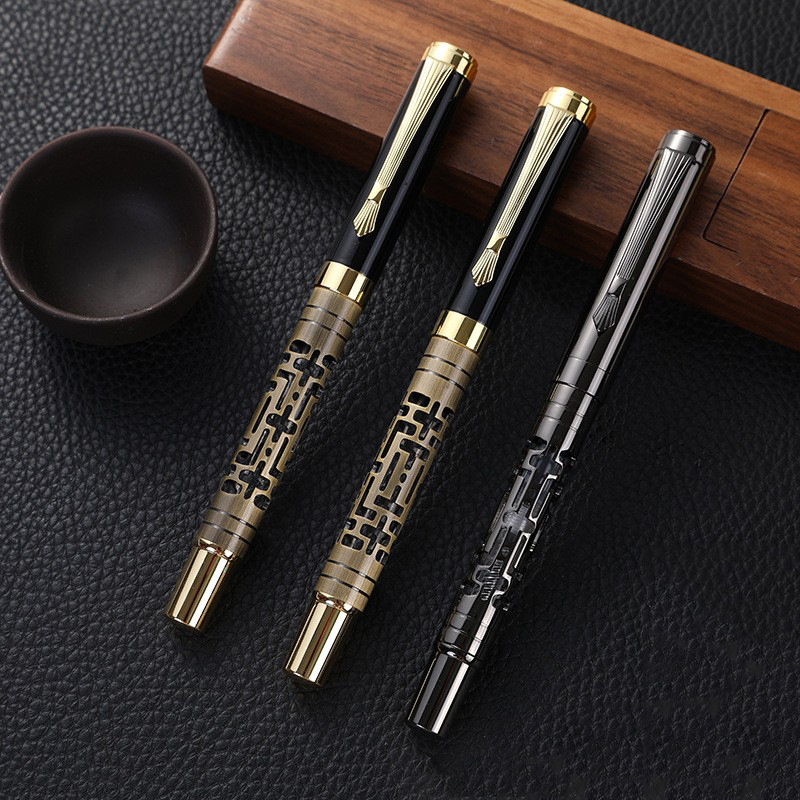 Cross-Border Retro Hollow Carved Ballpoint Pen Electroplated Gun Gray Metal Pen Bronze Business Gift Signature Pen Gel Pen
