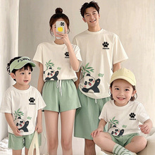 大熊猫亲子装正肩袖糖果色短袖母子母女装一家三口四口全家装t恤