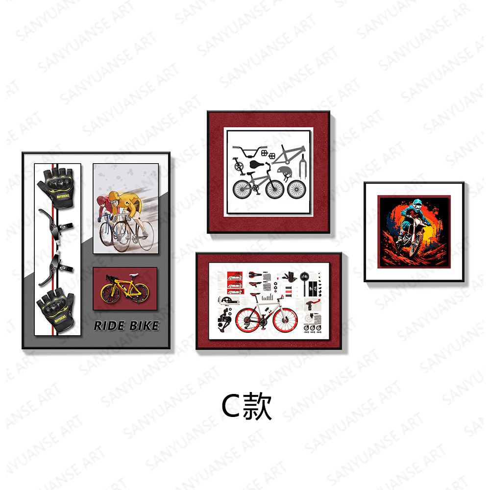 Sofá de sala de estar pared de fondo conjunto de pinturas múltiples combinación de bicicleta 3D tridimensional arte de sentido avanzado decoración creativa pintura colgante
