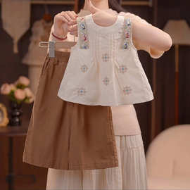 2026夏季新款韩版童装女童甜美满绣花朵镂空无袖背心宽松长裤套装