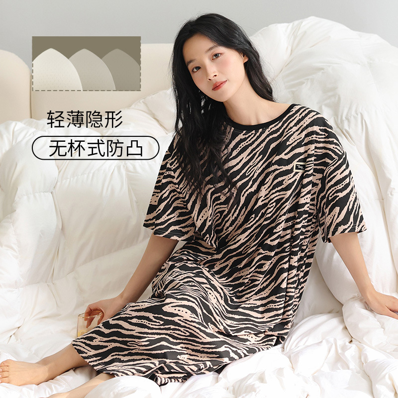 Pijama de algodón para mujeres con cojín de pecho pijama de mangas cortas 2025 nuevo vestido de cuello redondo se puede usar ropa de hogar grande