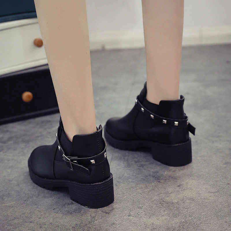 Ankle boots Martens‑style, low heel, studded strap, black, sizes 35–40