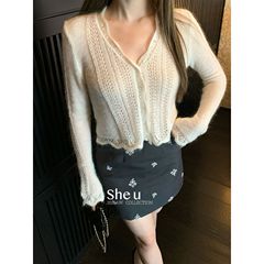 SHE U十三行韩系甜美风镂空V领针织开衫2025秋季百搭羊毛花边小衫