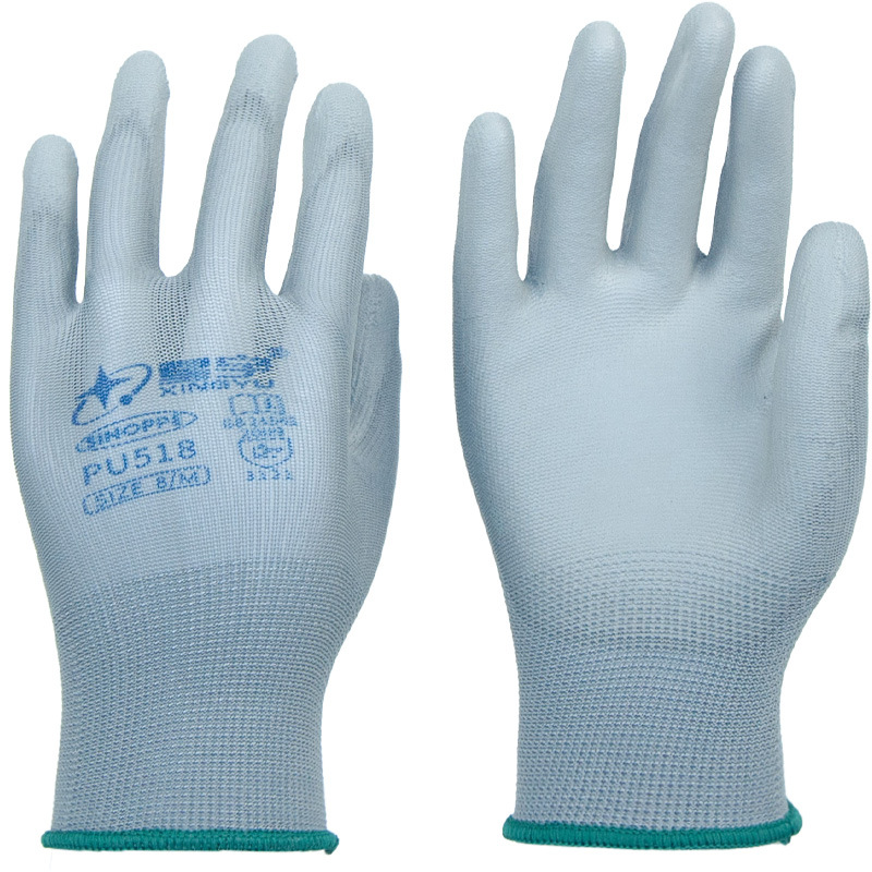 Xingyu PU508 guantes de protección laboral de palma de nylon blanco antiestático empaque de trabajo transpirable anti-deslizante recubrimiento de pegamento delgado