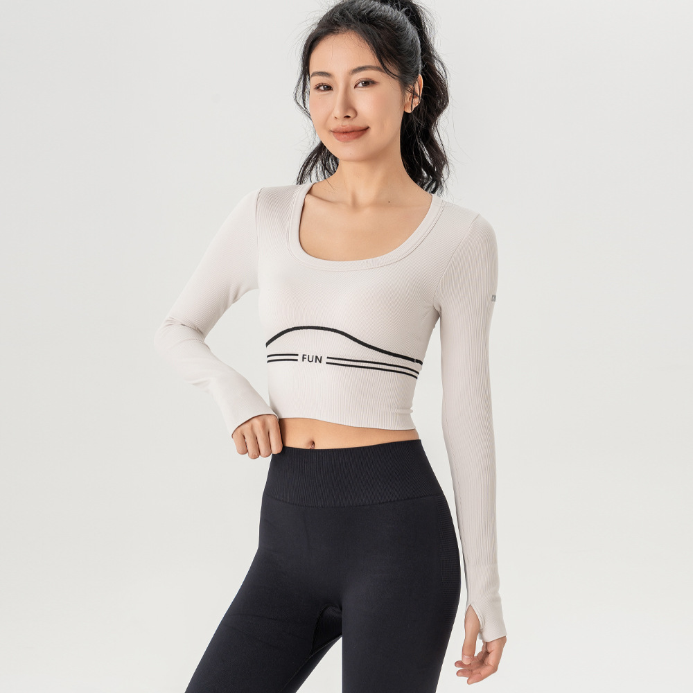 (2개) 가을과 겨울 피트니스 트레이닝 긴팔 콘트라스트 컬러 화이트 에지 고정 컵 러닝 스포츠 요가 상의 여성용 요가복