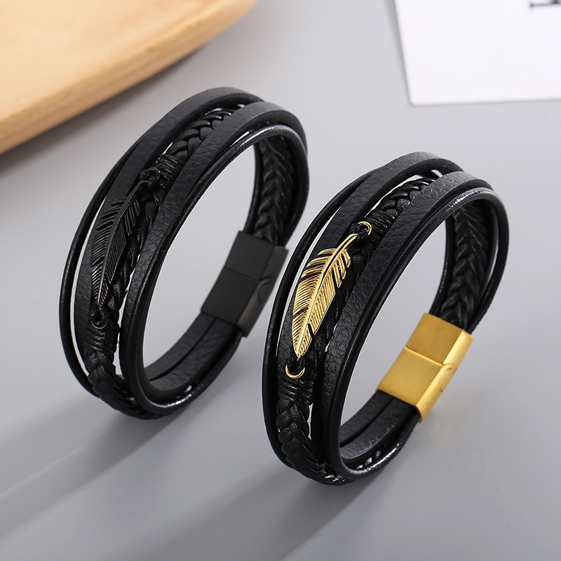 1 Piece Fashion Feather Stainless Steel Leather Patchwork Menu0027S Bangle