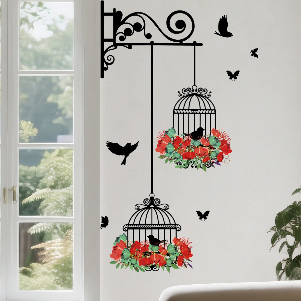 Creative and Stylish Floral Home Bedroom Decoration Birdcage Decorative Painting Tv Background Kitchen Stairwell Wall Stickers Living Room