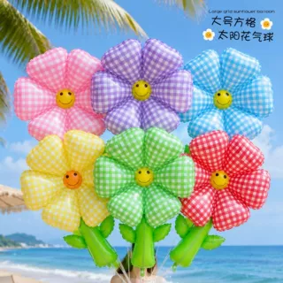 夏日方格笑脸雏菊铝膜大号飘空气球公园夜市地摊道具跨境批发