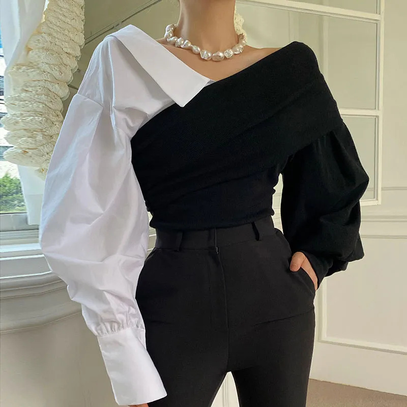 Cross-Border In-Stock 2026 Early Autumn Off-Shoulder Shirt for Women with a Unique Design, Patchwork Blouse, Vintage Style, Long-Sleeve Top