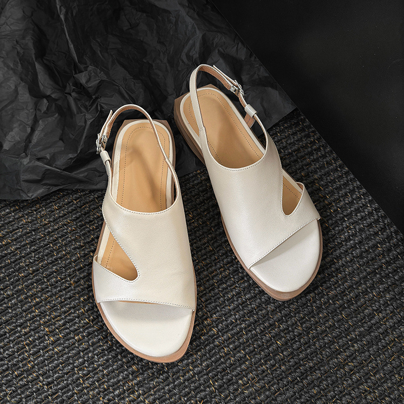 Dép sandal nữ quai ngang da bò hở mũi đế bằng kiểu La Mã — đen chi tiết 19