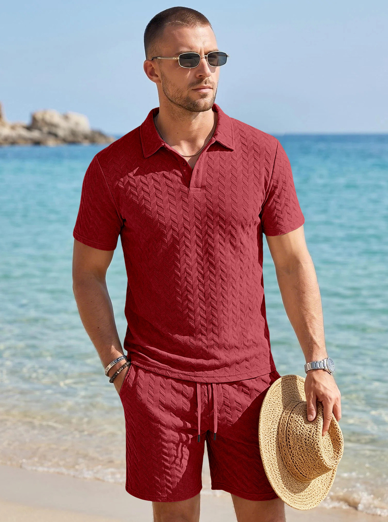 Cross-border TK Jacquard hombre polo camisa de verano con solapa grande transpirable y casual deportivo de manga corta set de pantalones cortos
