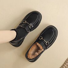 真软皮加绒小皮鞋女新款春夏百搭毛毛鞋粗跟厚底时尚乐福鞋女