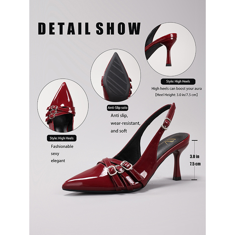 zapatos de tacones altos de mujer hebilla de cinturón de metal decoración vino rojo sexy gatito puntas y sandalias de fiesta de moda transfronterizas