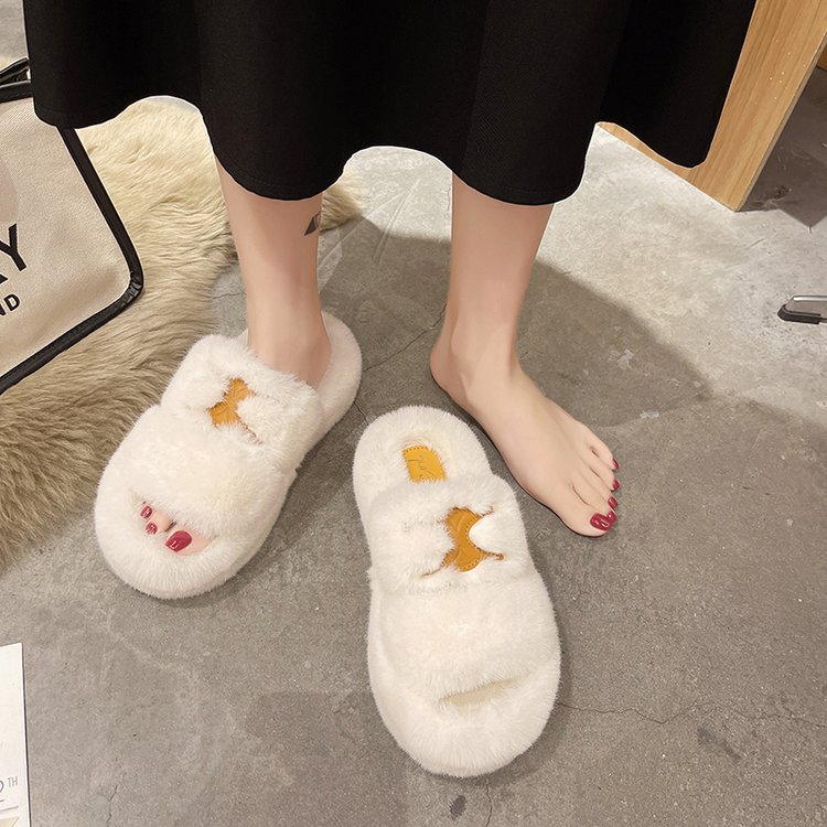 Furry slippers for women's outer wear thick-soled slippers women's wedge heels 2022 new autumn and winter home double-sided cotton slippers_voghion.com