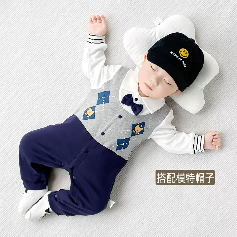 婴儿绅士哈衣夏装假两件宝宝长袖连体衣服新生儿周岁礼服2件套装