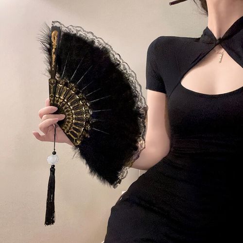 Hanfu cheongsam folding fan Chinese style black feather ancient fan new Chinese dance fan Christmas decorations