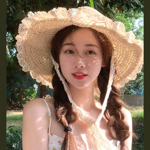 Straw hat for women, summer vacation beach sand sun hat, Japanese INS style, lace edge, large brim to make face look smaller