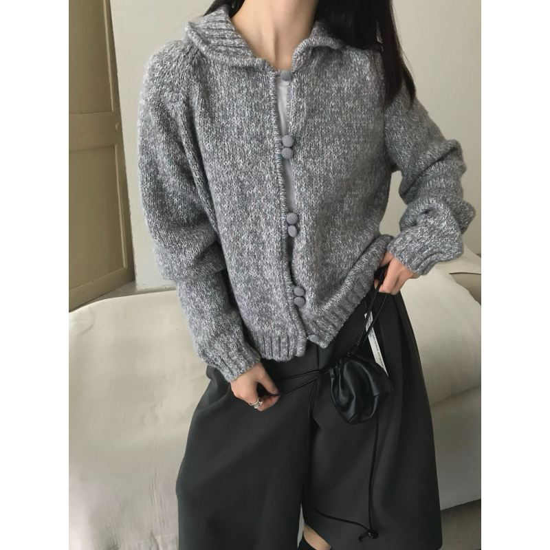 慵懒软糯翻领杂线双拉链毛衣外套女秋冬新款宽松针织开衫韩系上衣|undefined