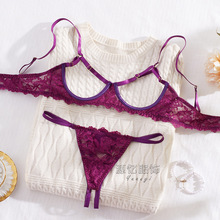 紫色情趣内衣圣诞套装性感三点式内衣露胸镂空纯欲蕾丝文胸女跨境
