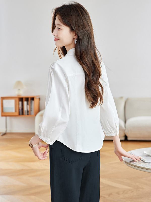 棉茧 白色长袖衬衫女2025早秋新款法式纯棉衬衣女一粒扣V领上衣|undefined