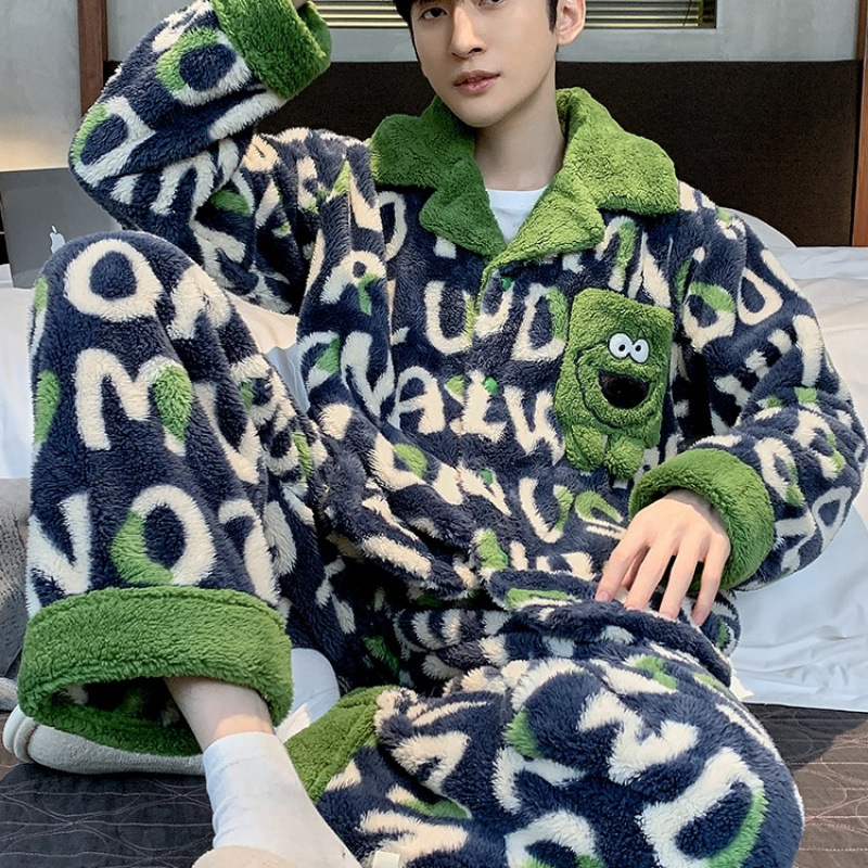 Autumn and Winter Coral Velvet Pajamas for Men Thickeneded Velvet Flannel Warm Lapel Large Size Youth Home Wear Set