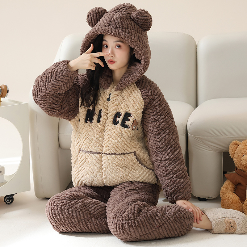 여성용 새 겨울 잠옷 플러스 벨벳과 두꺼운 산호 벨벳 3 레이어 퀼트 가디건 후드 심플 홈웨어 세트