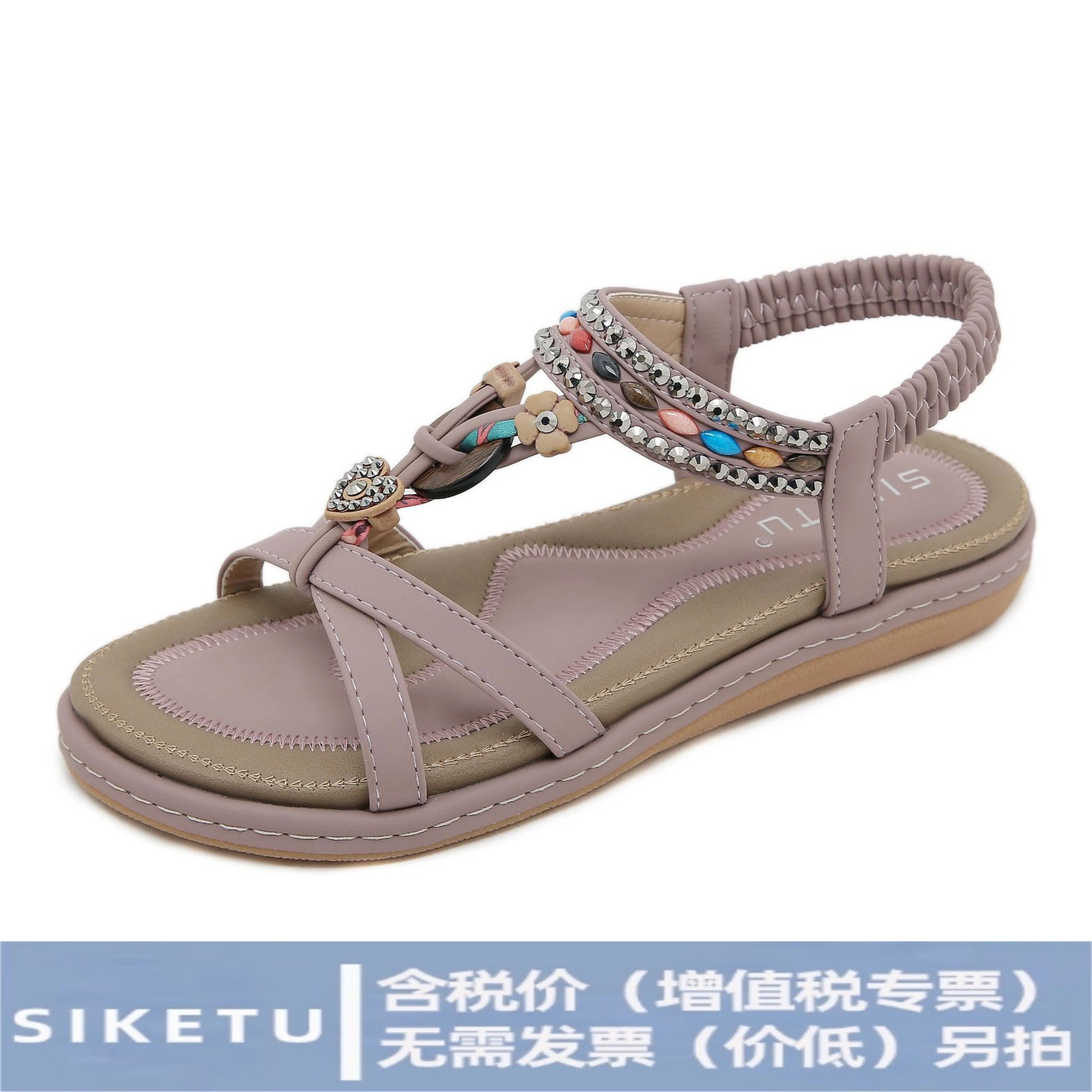 W676-4 nuevas sandalias planas casuales de playa con diamantes de imitación para mujer, primavera/verano 2025, cómodas y versátiles