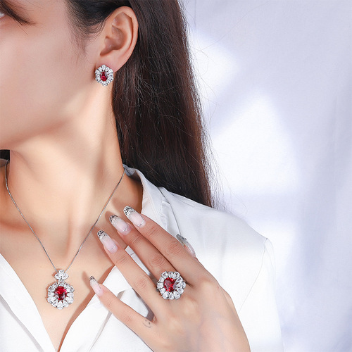 Zhuang Sheng Sheng Jewelry Fashion Jewelry Set Simulated Blood Red Pearl Pendant 10*12 Earrings and Ring 6*8 Three-Piece Set