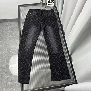 欧美高街hiphop高端男士牛仔裤满印提花潮牌宽松直筒美式微喇裤子