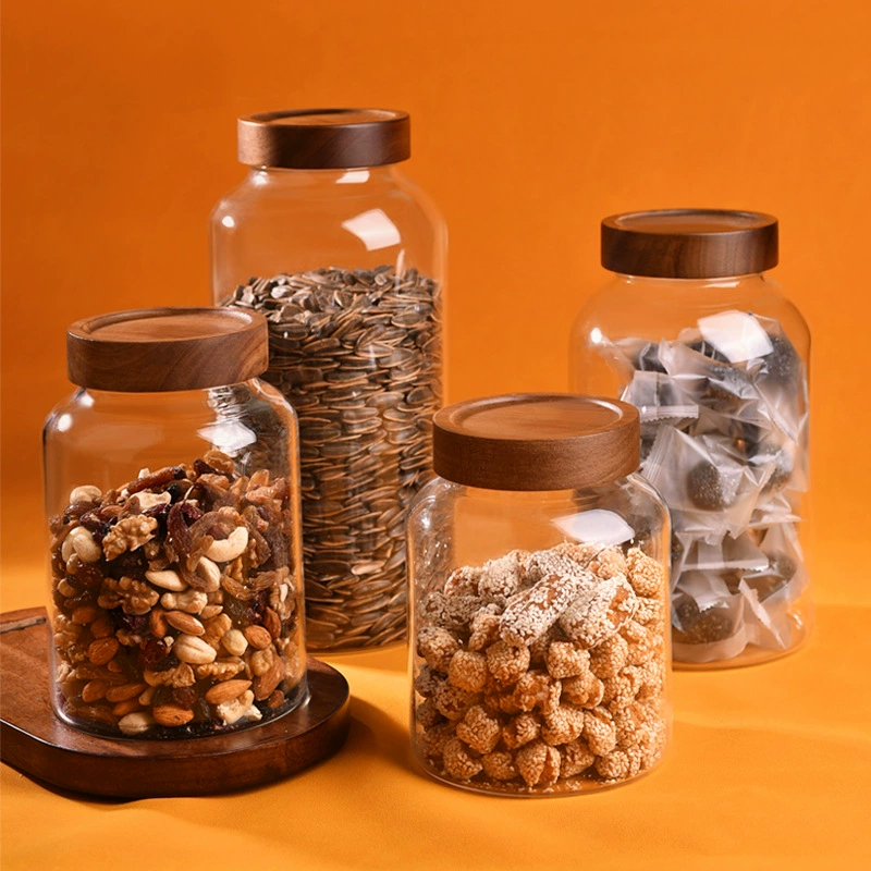 Оптовая продажа стеклянная герметичная банка большой емкости для домашнего хранения банка утолщение банка для чая акация деревянная стеклянная банка