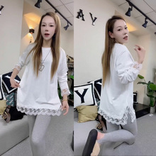 欧货大码中长款蕾丝拼接打底衫女秋冬新款宽松百搭休闲长袖T恤潮