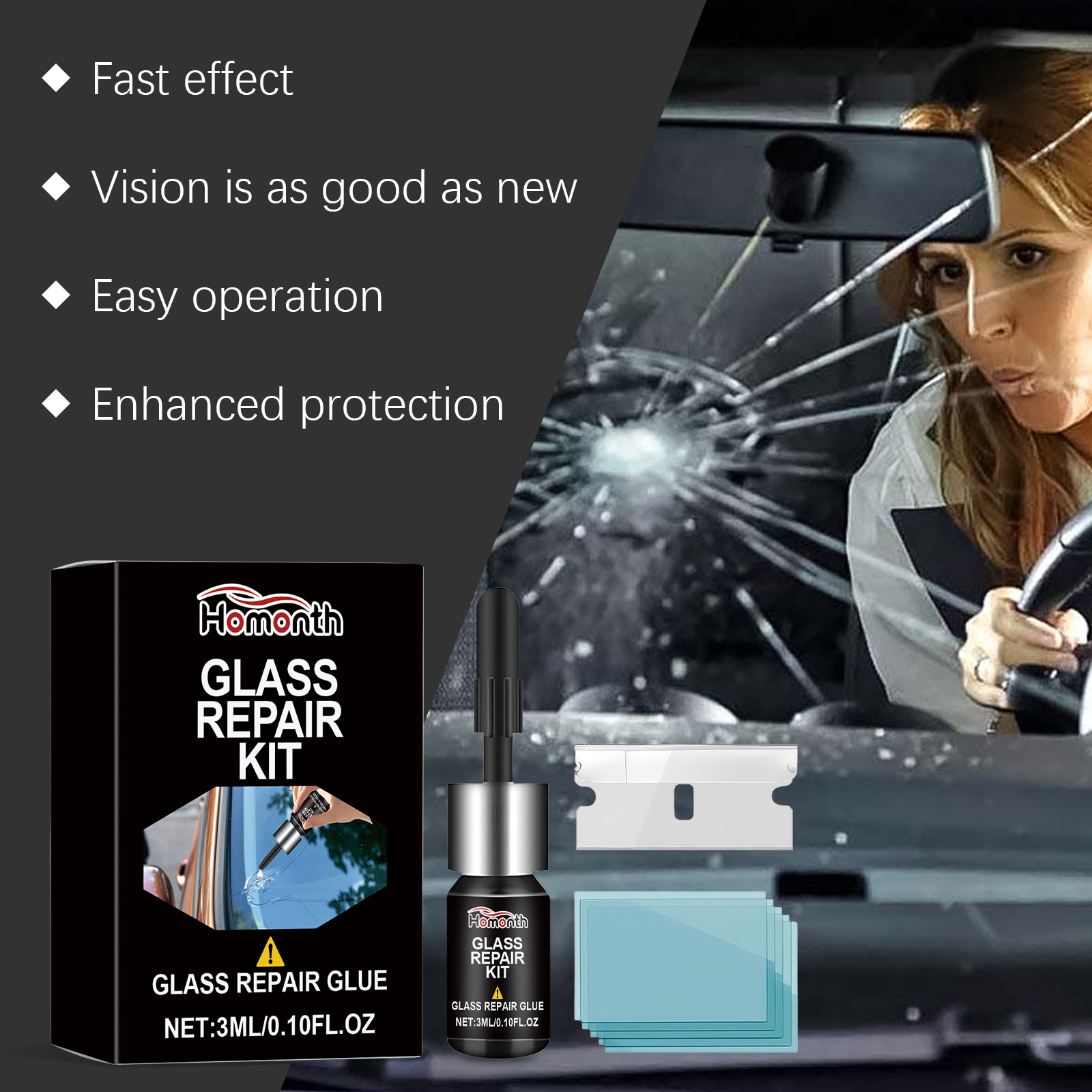 Homonth Glass Repair Kit Car Windshield Crack Scratch Clear Vision Portable Adhesive